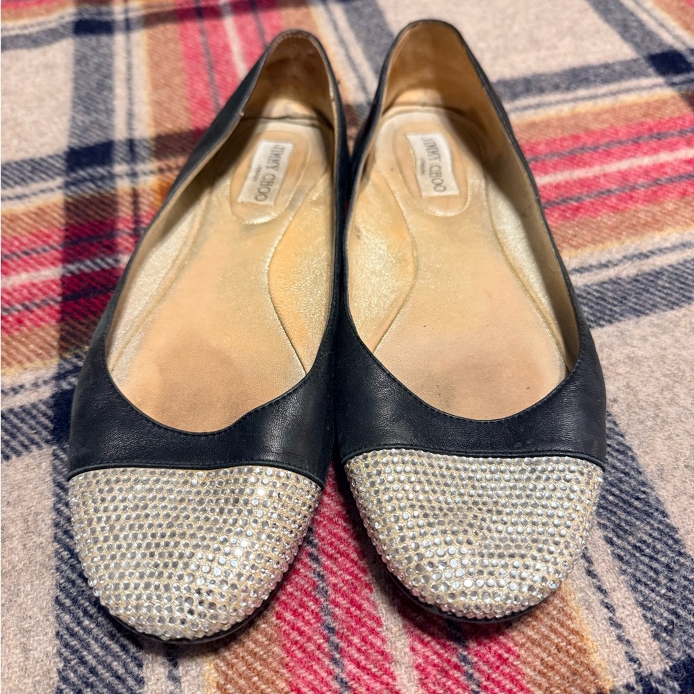 Jimmy Choo Black and crystal/Silver toe Embellished Flats